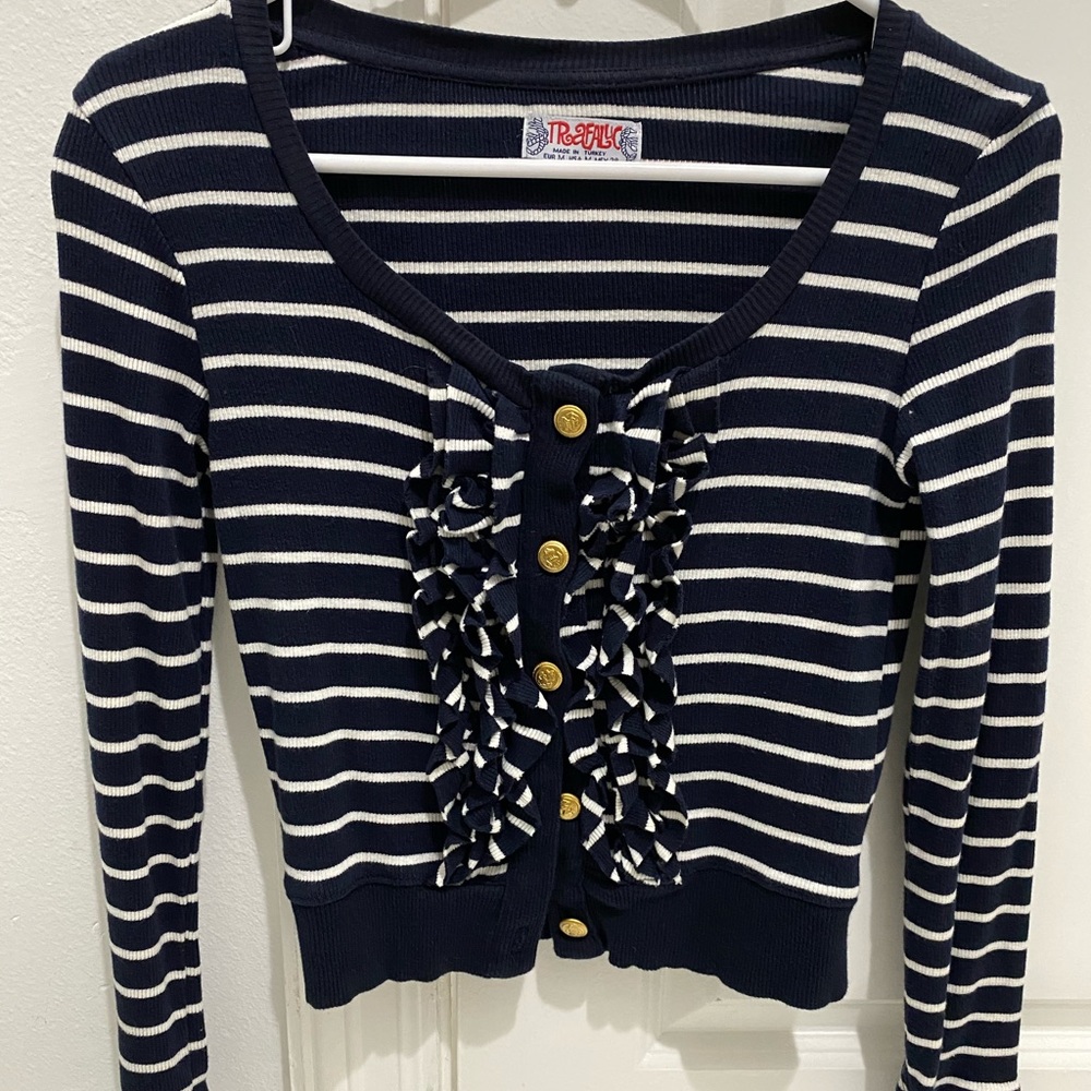 Navy Stripe Gold Button Cardigan Sweater